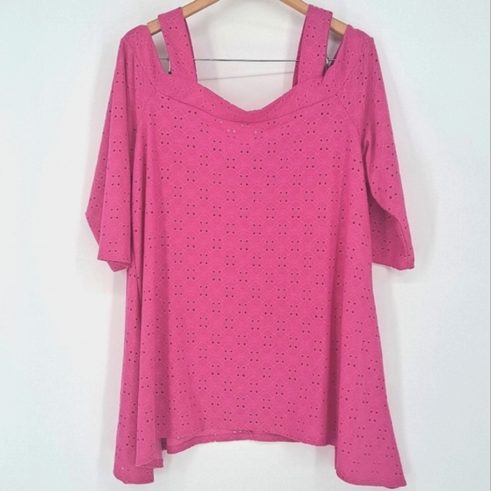 NY Collection 2X Pink Cold-Shoulder Eyelet Top -Cooling Fabric!